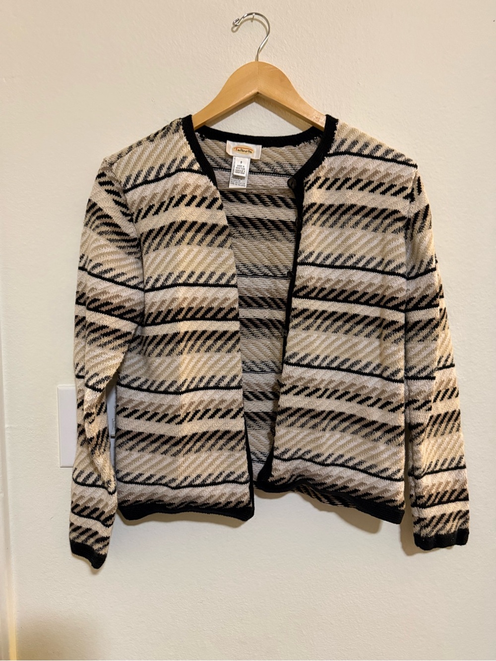 Talbots Cream and Black Striped Open-Front Cardigan